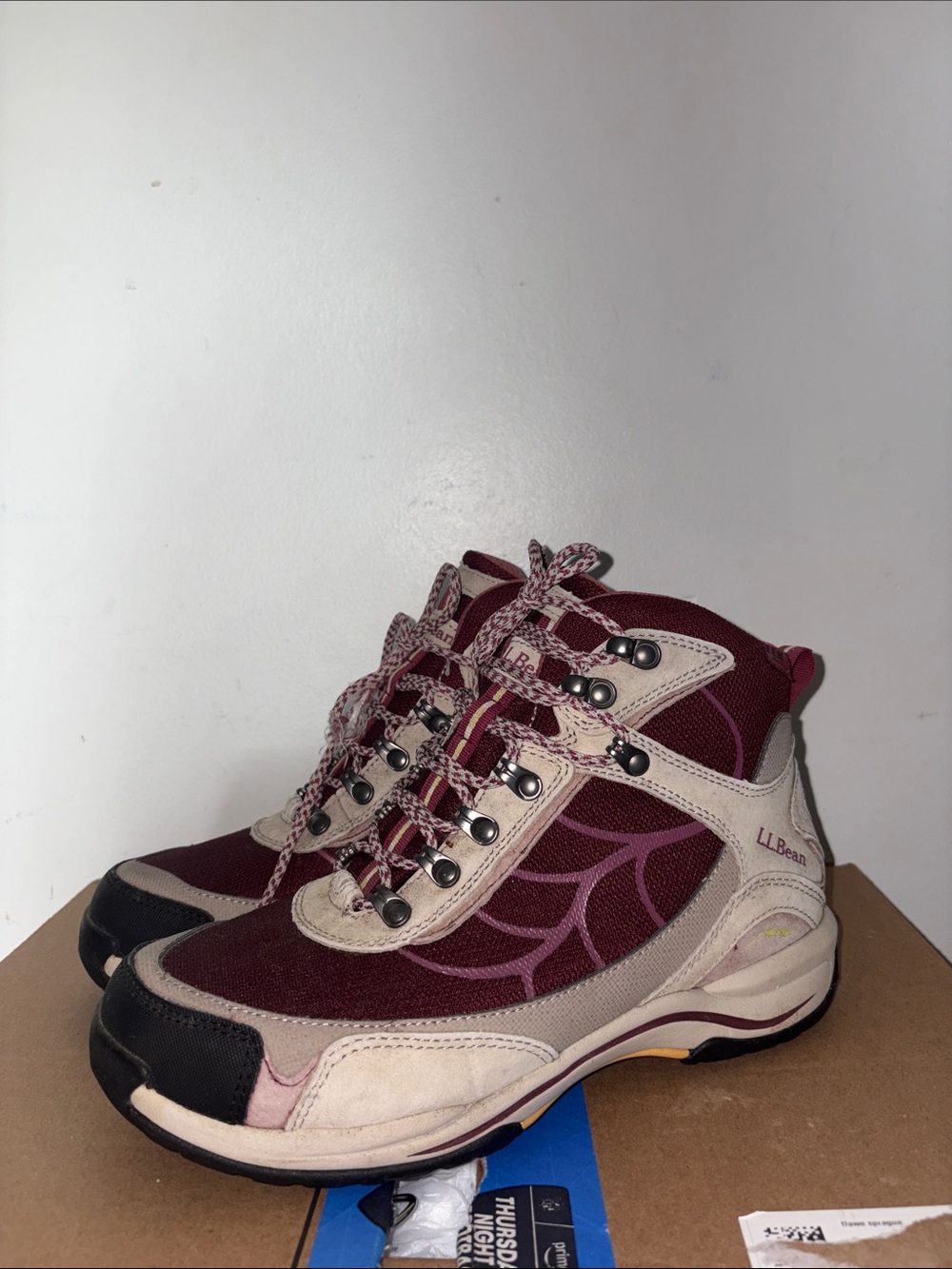 L.L. Bean Women's Burgundy and Cream Lace-Up Hiking Boots size 9.5W